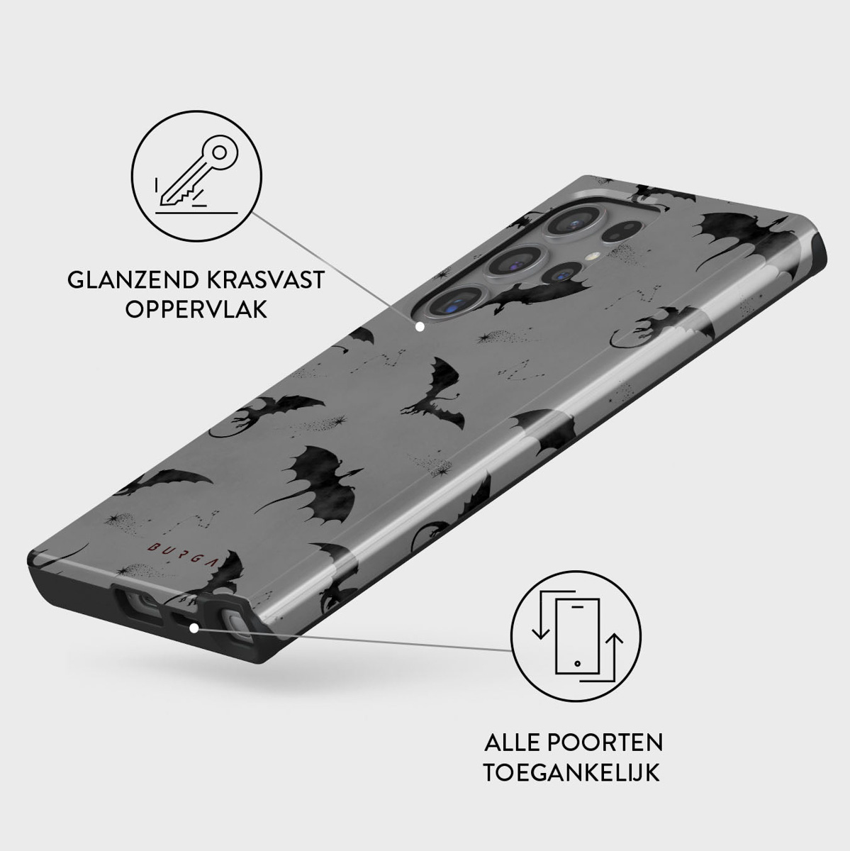 Coque de téléphone avec motif de dragons noirs sur fond gris. Textes en néerlandais décrivent les caractéristiques. Caméra du téléphone visible.