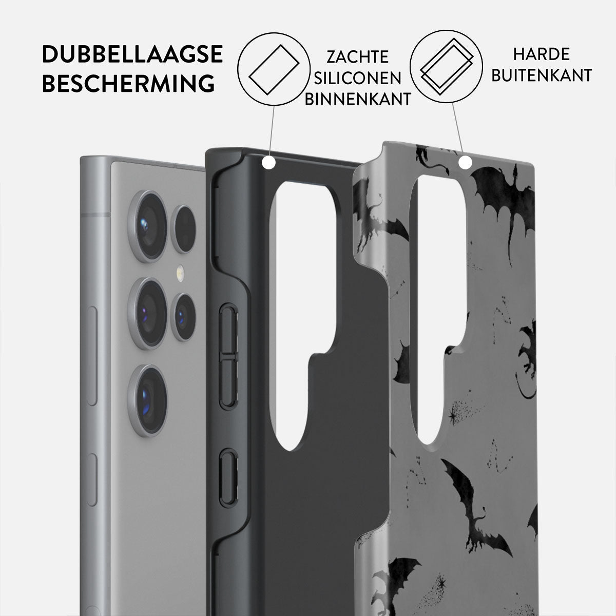Un étui de téléphone à trois couches est présenté. Les couches sont étiquetées: double protection, silicone souple à l'intérieur et dur à l'extérieur.