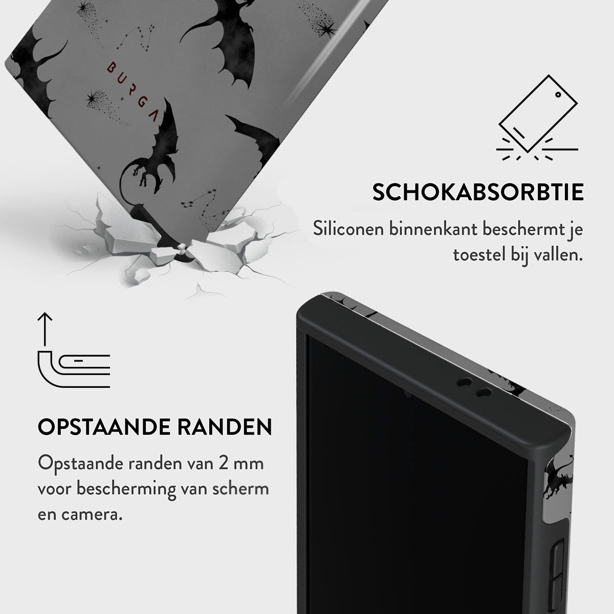 Une coque de téléphone avec un motif de dragon. Texte : Schokabsorbtie, Opstaande randen. La coque est sur une surface fissurée.