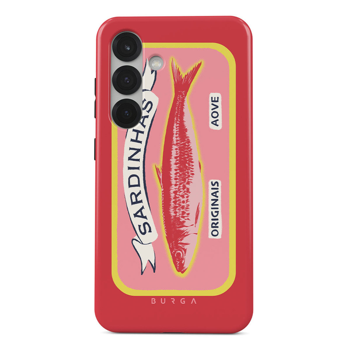 Rode telefoonhoes met een sardineblikje design. Het blikje toont een rode vis, roze achtergrond en Portugese tekst.