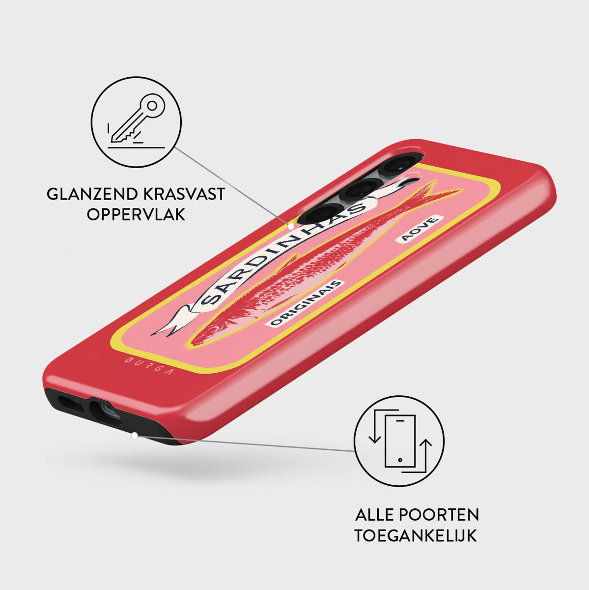 Rode telefoonhoes met sardineblikje design. Tekst: 'Sardinhas' en 'Originais'. Extra iconen en Nederlandse tekst.