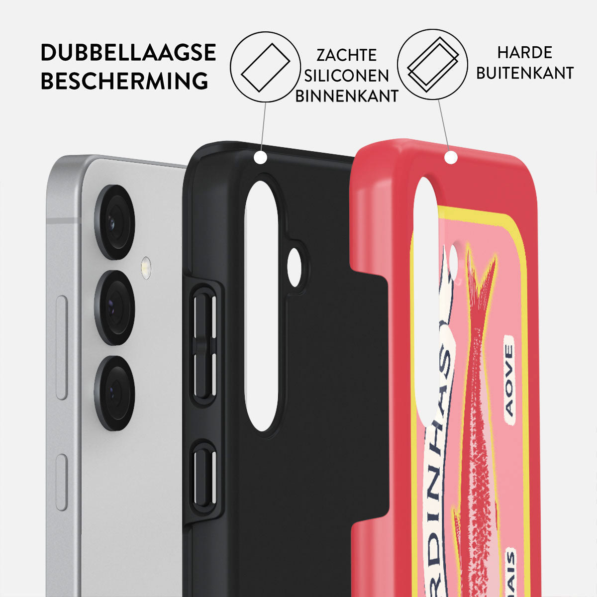 Telefoonhoes lagen: zilveren telefoon, zwarte middenlaag, rode buitenlaag met Sardinhas label. Tekst in het Nederlands.