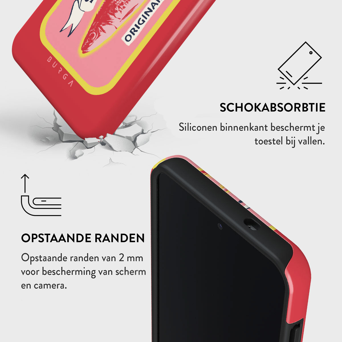 Rode telefoonhoes met visontwerp, gebarsten vloer en tekst over schokabsorptie en opstaande randen voor scherm- en camerabescherming.