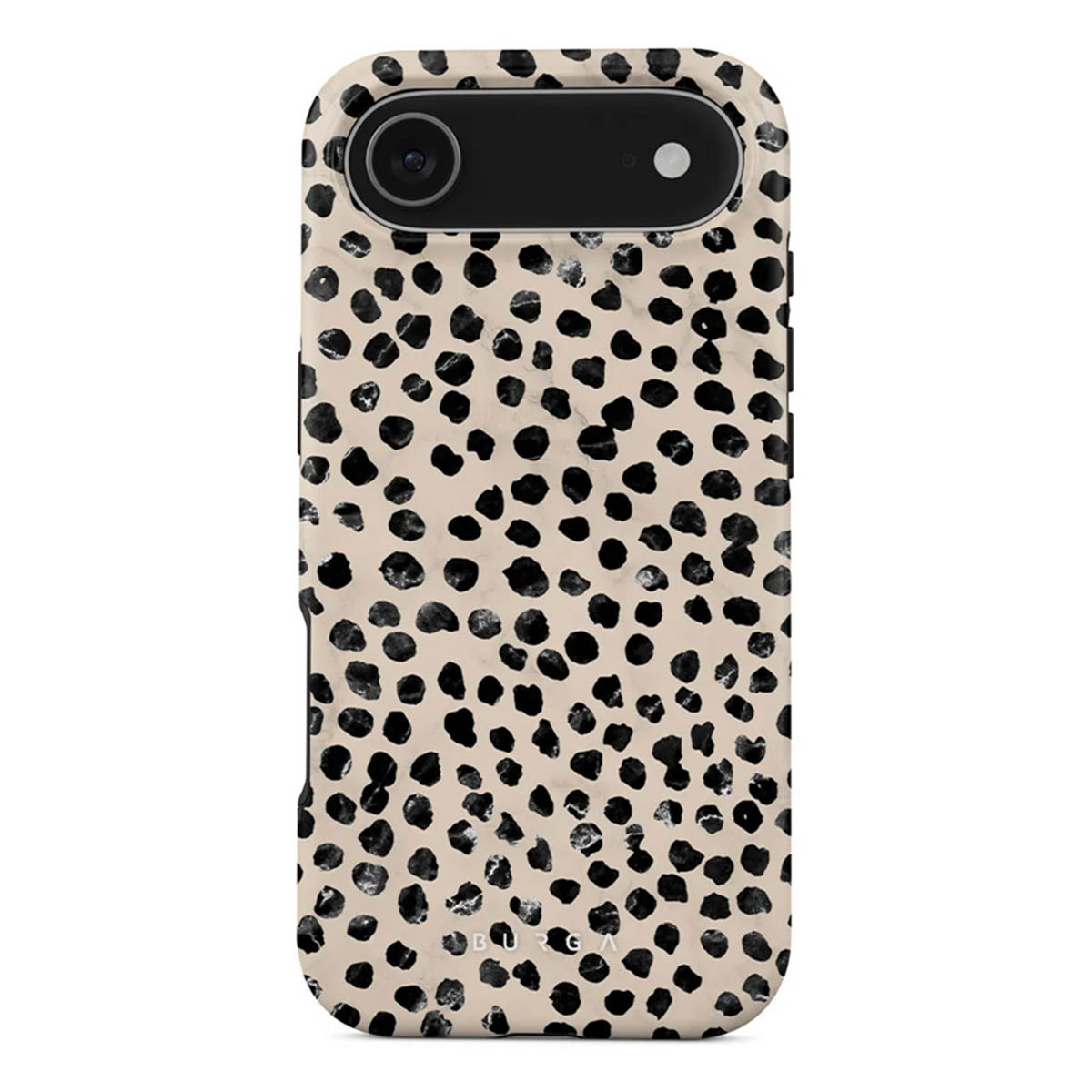 Een telefoonhoesje met een zwart-wit dalmatiërstippenpatroon, met een uitsparing voor de camera aan de bovenkant.