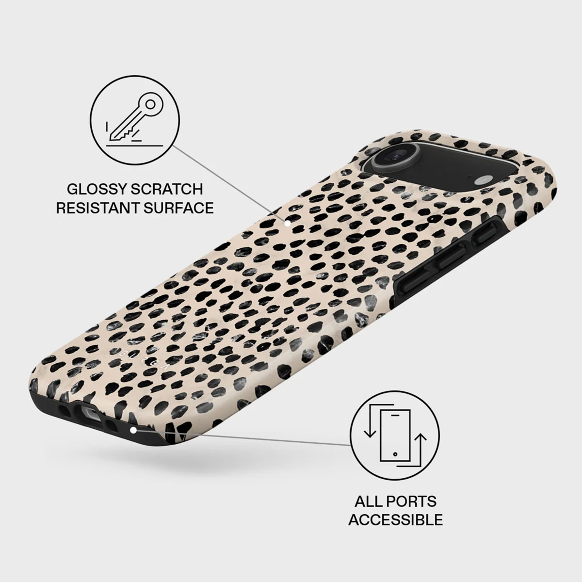 Een telefoonhoesje met een beige achtergrond en zwarte stippen. Het heeft een glanzend, krasbestendig oppervlak en alle poorten zijn toegankelijk.
