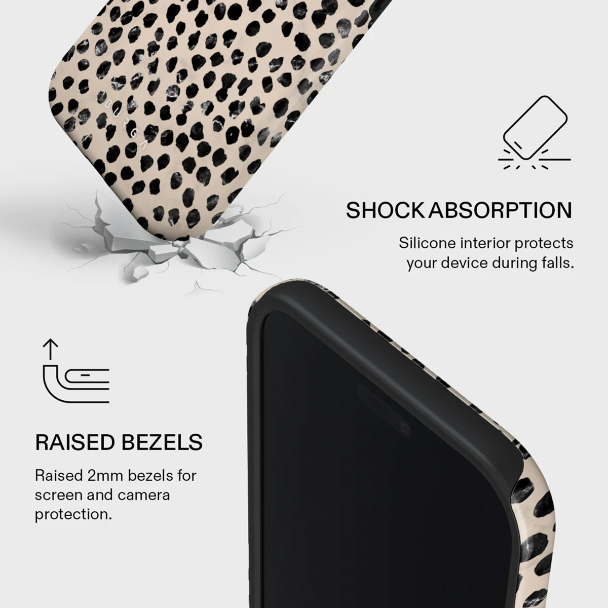 Een telefoonhoesje met zwarte stippen op beige, een telefoonscherm en tekst over schokabsorptie en verhoogde randen.