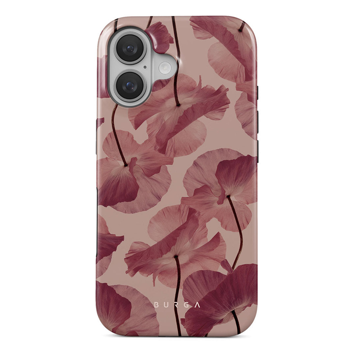 Une coque de téléphone avec un motif floral. Des coquelicots roses sont dispersés sur un fond rose clair. Le téléphone a une caméra et des boutons.