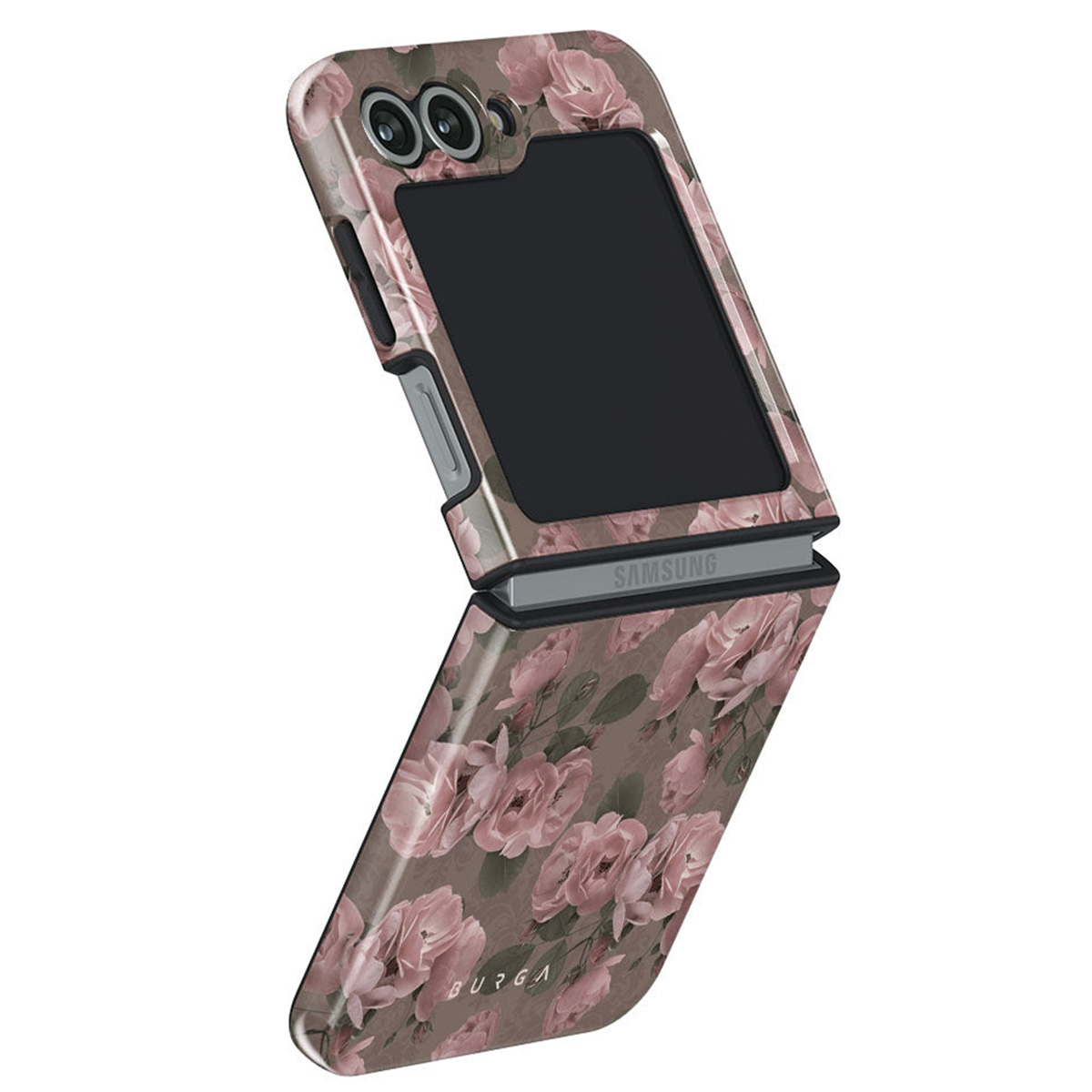 Un téléphone Samsung dans un étui floral, avec des roses roses sur fond marron. Le téléphone est partiellement ouvert, affichant l'écran.
