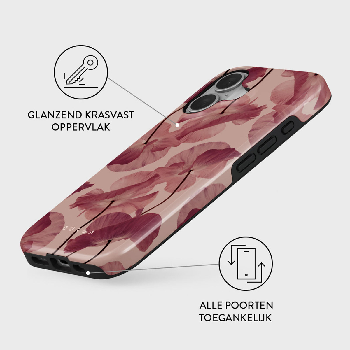 Une coque de téléphone avec un motif floral dans des tons rouges sur fond beige. La coque est inclinée, montrant une surface brillante.
