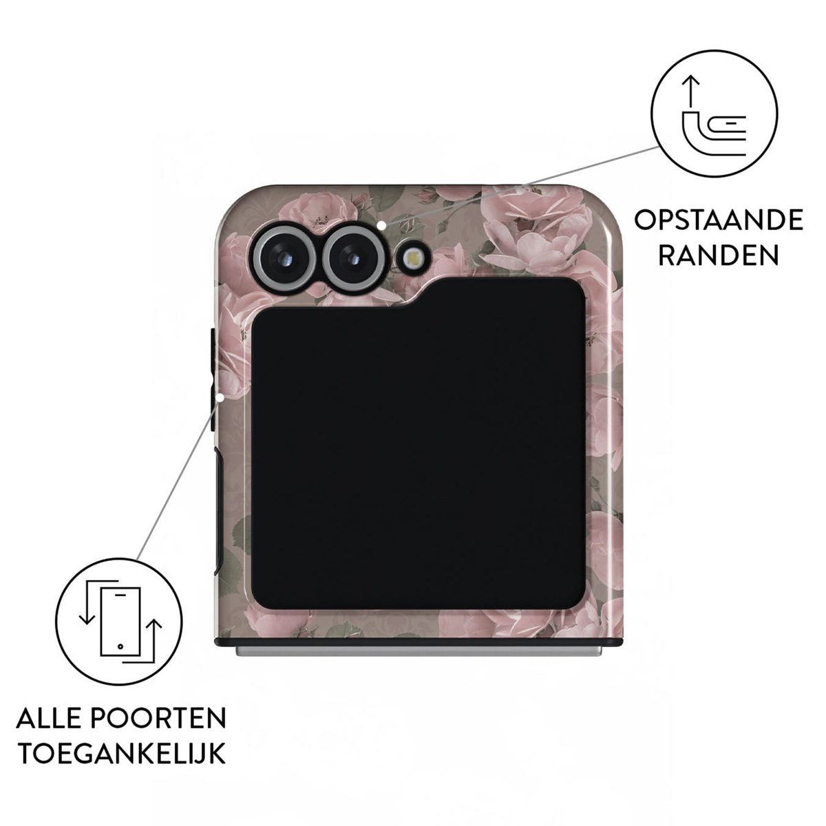 Une coque de téléphone avec un motif floral. Texte : 'tous les ports accessibles' et 'bords surélevés'. Caméra en haut. Écran noir visible.
