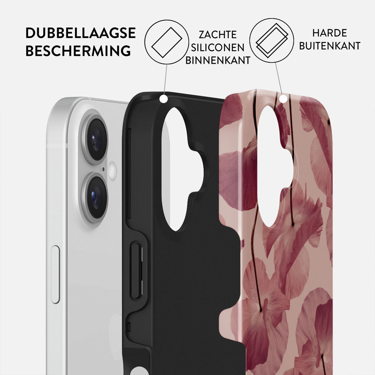 Coque de téléphone à motifs floraux. Montre les couches : téléphone, intérieur noir, extérieur floral. Texte : protection double couche, intérieur silicone souple, extérieur dur.