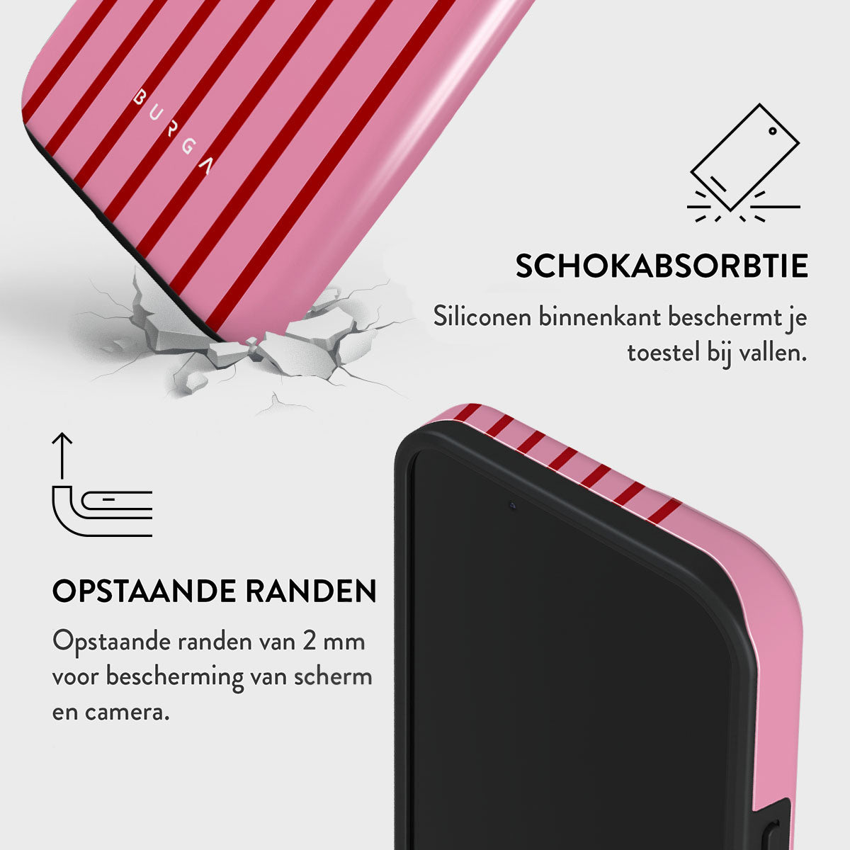 Roze telefoonhoesje met rode strepen, schuin. Tekst: Schokabsorptie, verhoogde randen voor scherm en camera.