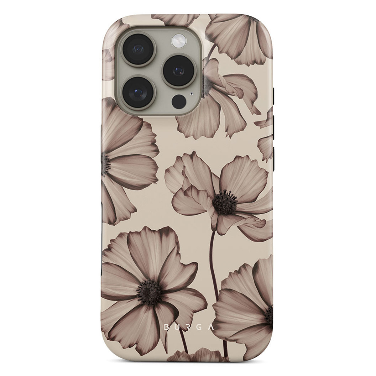 Telefoonhoesje met bloemenontwerp. De hoes is beige met bruine bloemen. De camera van de telefoon is zichtbaar.