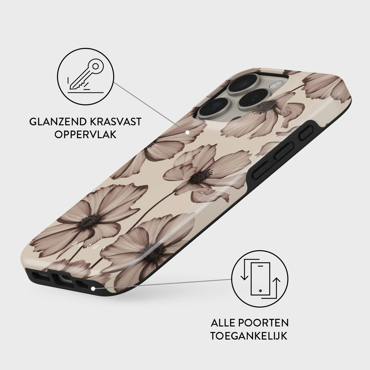 Een telefoonhoesje met bloemenmotief, lichtbruine bloemen op een beige achtergrond. Tekst vermeldt glanzend, krasvast oppervlak en toegankelijkheid.