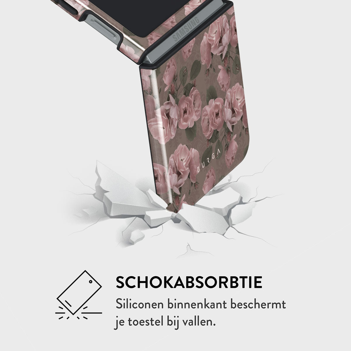 Un étui de téléphone à motif floral heurte une surface, la fissurant. L'étui est étiqueté BURGA et SAMSUNG.