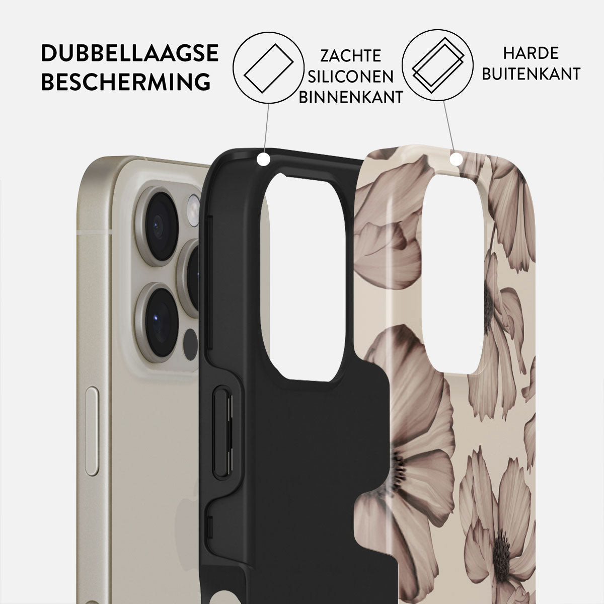 Telefoonhoesje met bloemdesign, lagen tonend. Teksten geven 'dubbellaagse bescherming', 'zachte siliconen binnenkant' en 'harde buitenkant' aan.