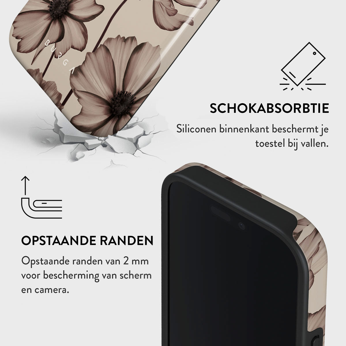Een telefoonhoesje met bloemenontwerp wordt naast een telefoon geplaatst, met tekst over schokabsorptie en verhoogde randen.