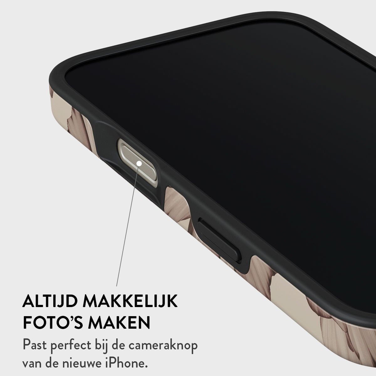 Een close-up van een telefoonhoesje. De hoes heeft een bloemenpatroon op de zijkant en het scherm is zwart. Tekst is zichtbaar onderaan.