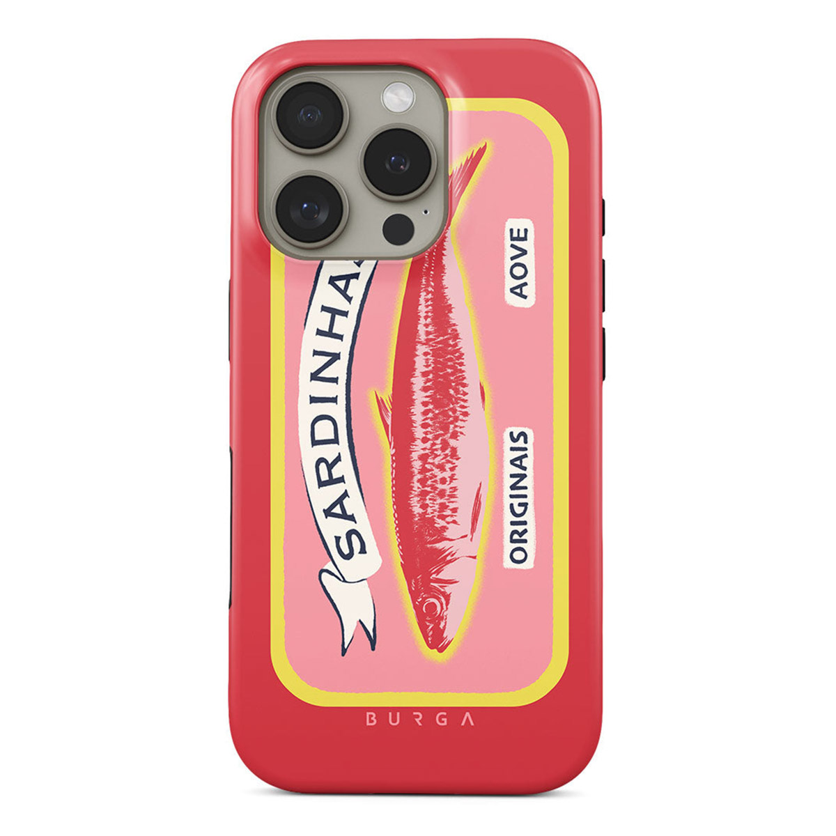 Een rode telefoonhoes met een ontwerp van een sardineblikje. Het heeft een roze label met een visillustratie en tekst in het Portugees.