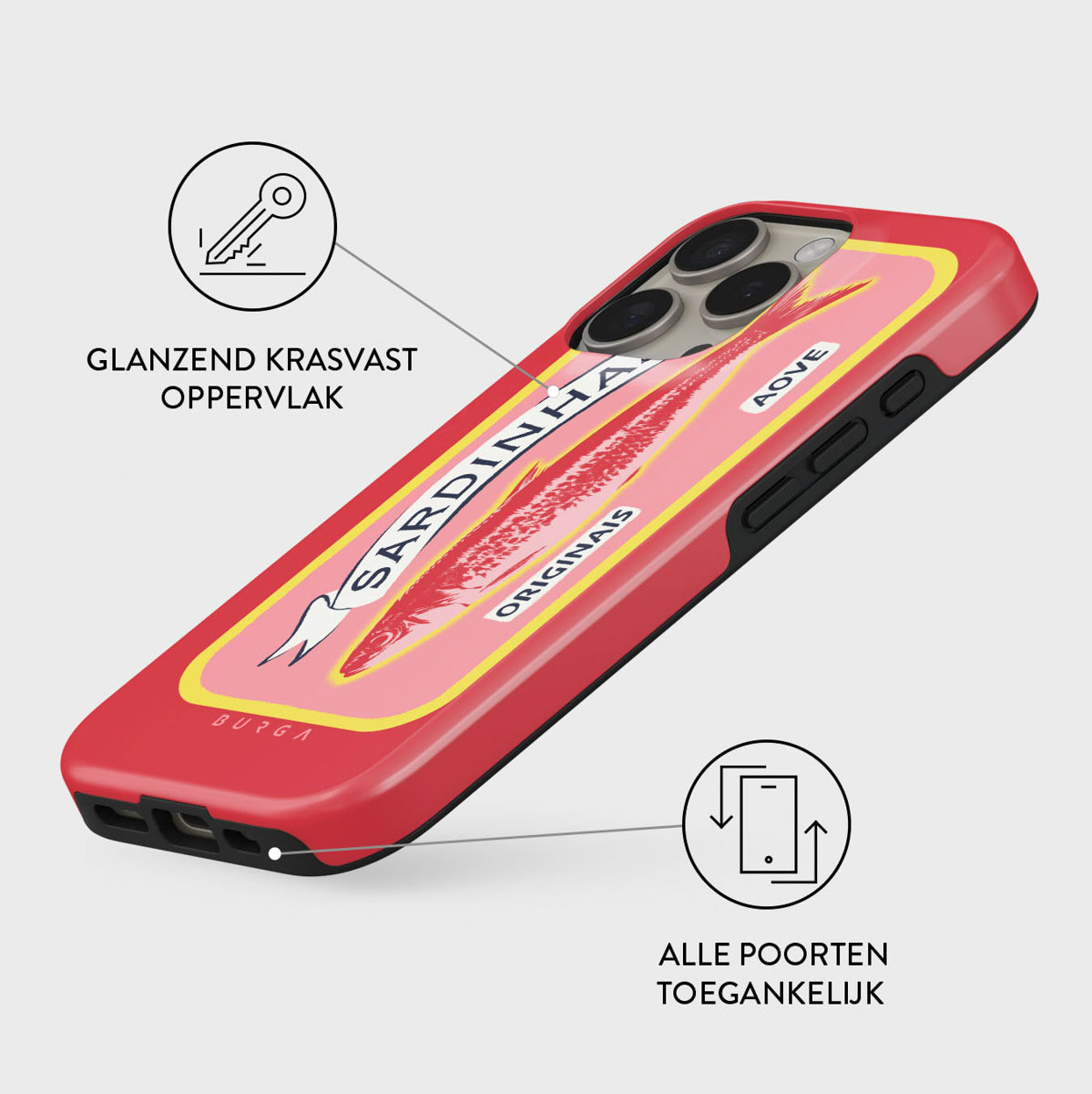 Een rode telefoonhoes met een Sardinha-ontwerp. Het heeft gele en roze details met Nederlandse tekst. Er zijn ook iconen.