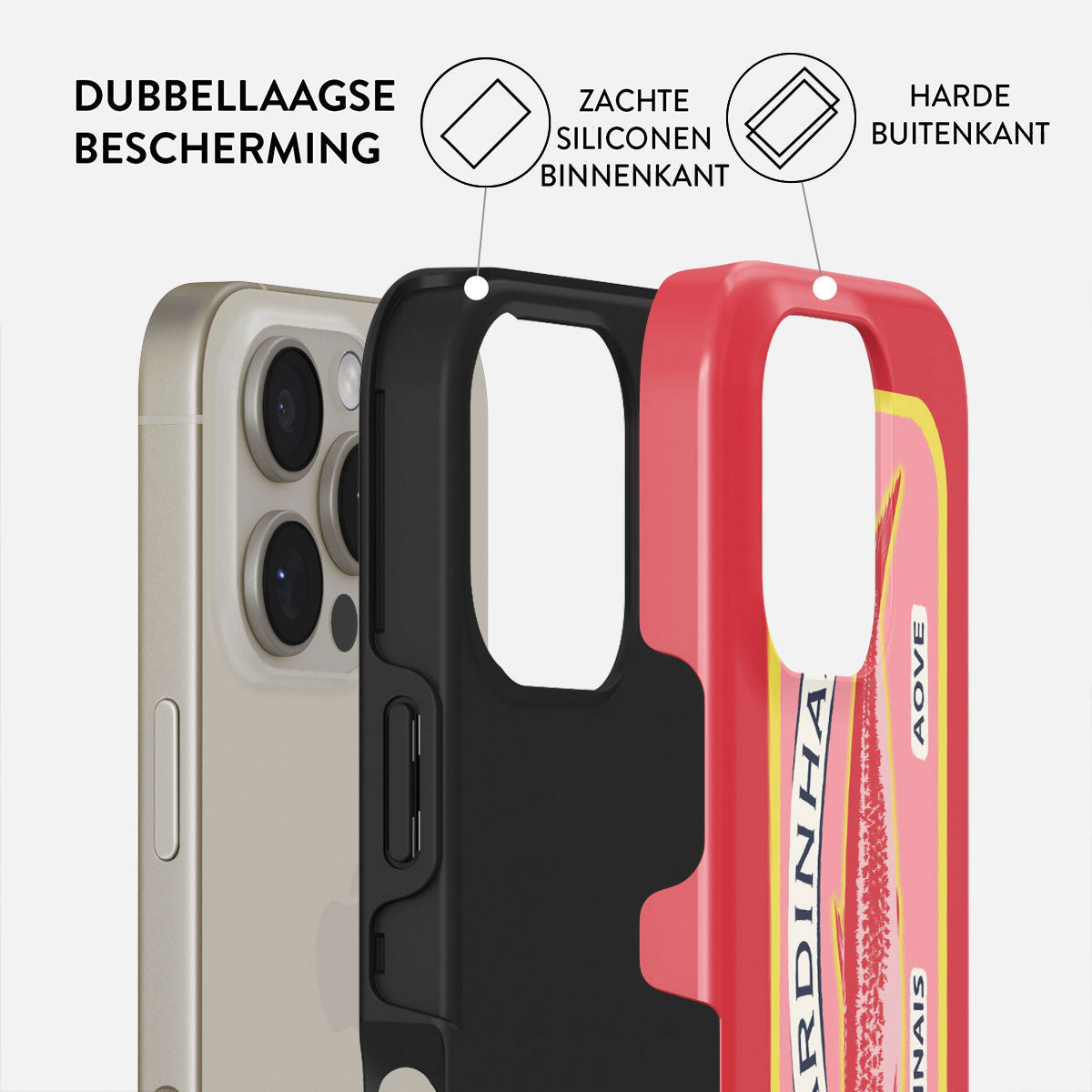Een telefoon in een beschermhoes. De hoes is rood en zwart en heeft een ontwerp van een sardine-etiket. Tekst luidt 'Dubbellaagse bescherming'.