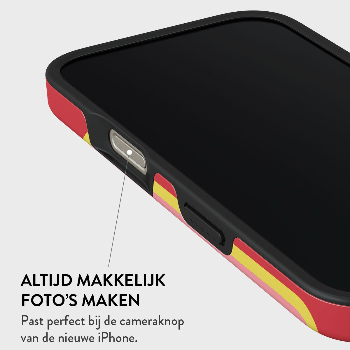 Close-up van een telefoonhoesje. Het scherm van de telefoon is zwart. De hoes heeft rode, gele en zwarte accenten en een knop.