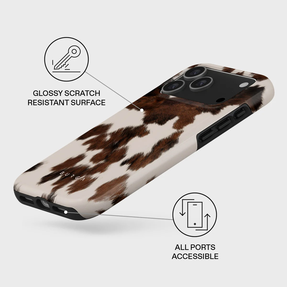 A phone case with a cowhide pattern. Features include glossy scratch resistance and accessible ports. The case is light beige with brown spots.