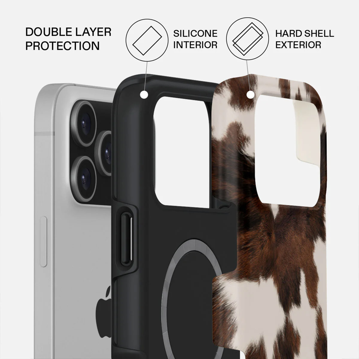 A phone case with double-layer protection. The interior is silicone, the exterior is hard shell. The case has a cowhide pattern.