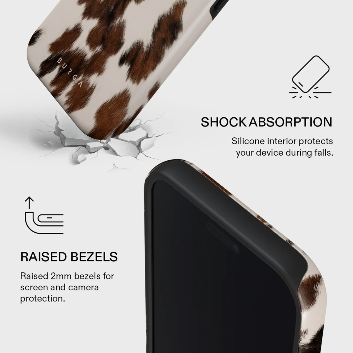 Phone case with cow print, highlighting shock absorption and raised bezels for screen and camera protection.