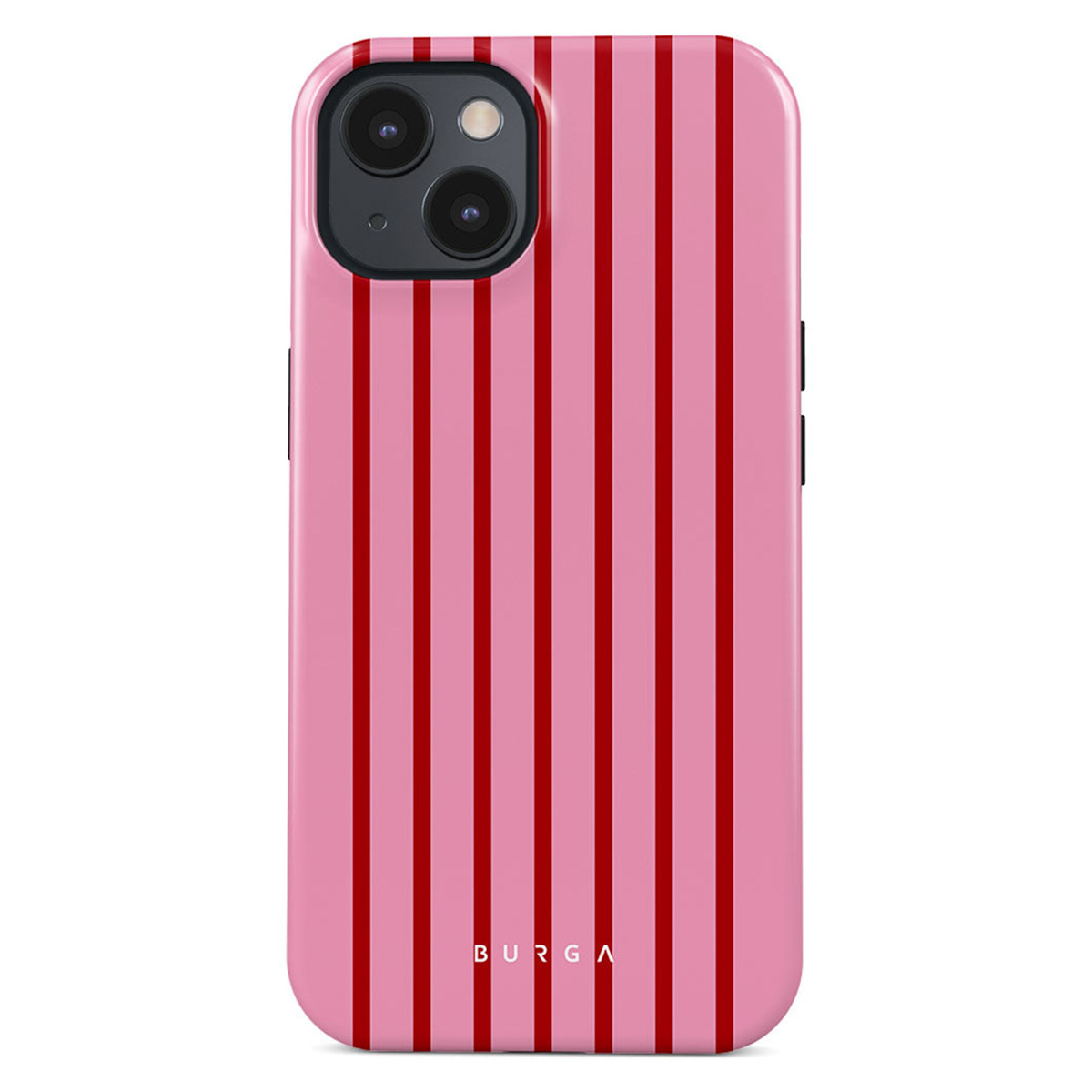 Roze iPhone-hoesje met verticale rode strepen. Bevat het Burga-logo onderaan. De camera is zichtbaar.