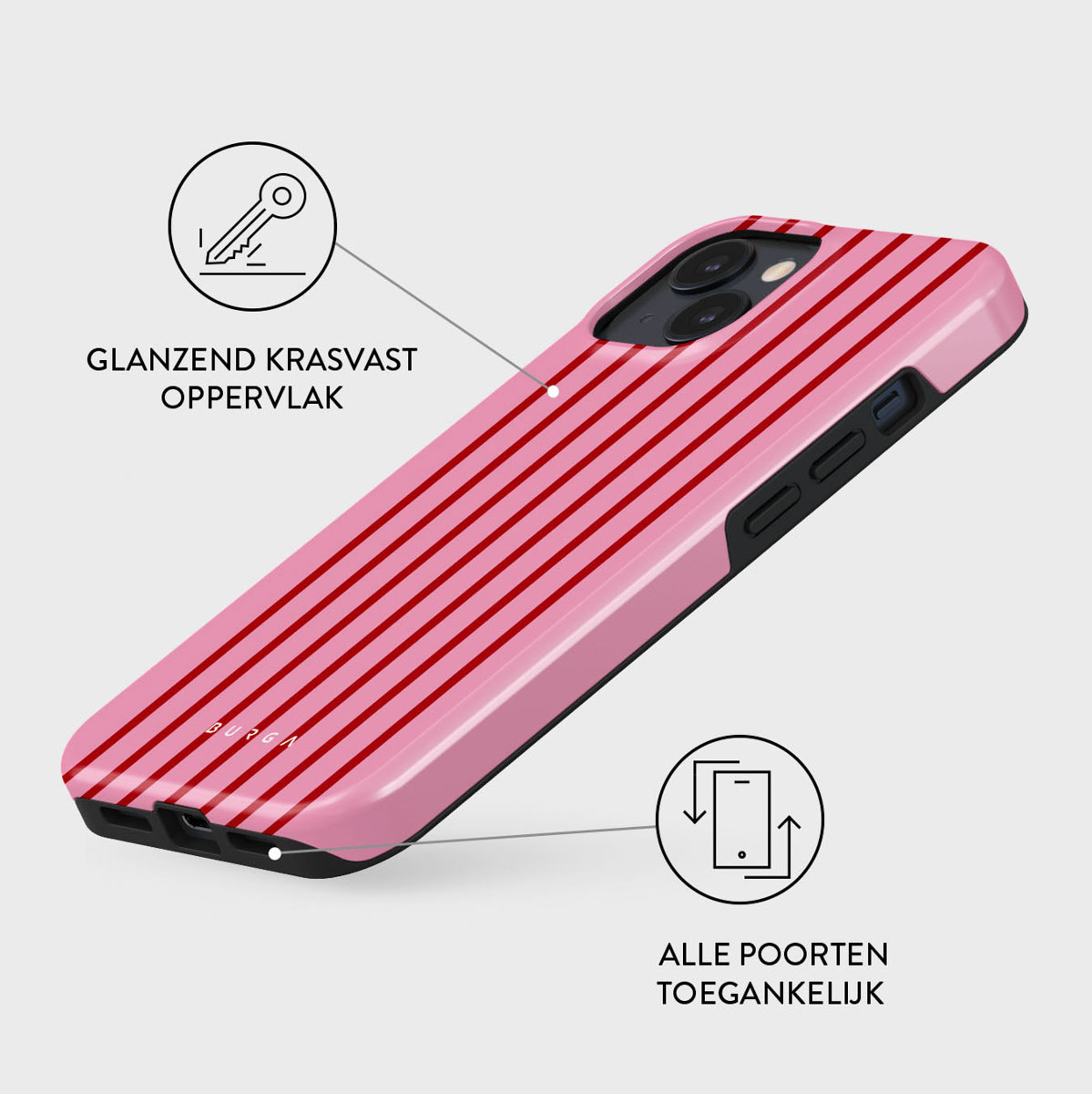 Roze telefoonhoesje met rode strepen. Het heeft pictogrammen met een sleutel en telefoonpoorten.