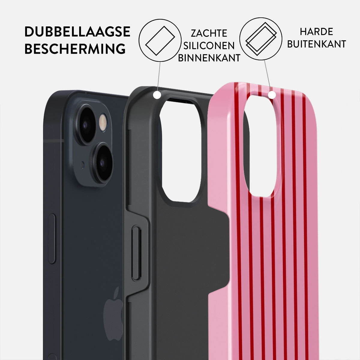 Een telefoonhoesje wordt in drie lagen getoond: telefoon, zwarte laag en roze gestreepte buitenlaag. Tekst geeft dubbellaagse bescherming aan.