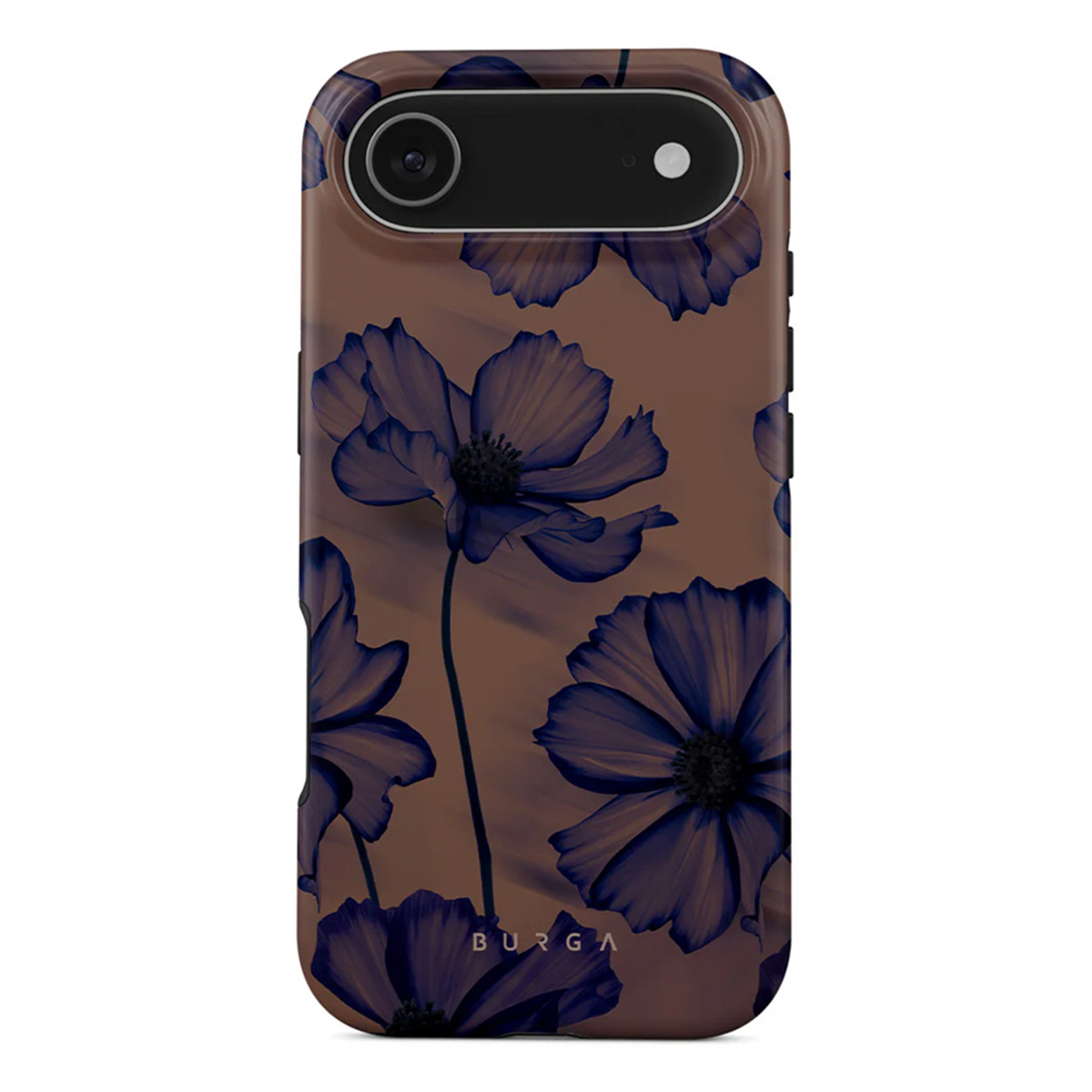 Telefoonhoesje met donkerblauw bloemmotief op een bruine achtergrond. De camera bevindt zich bovenaan.