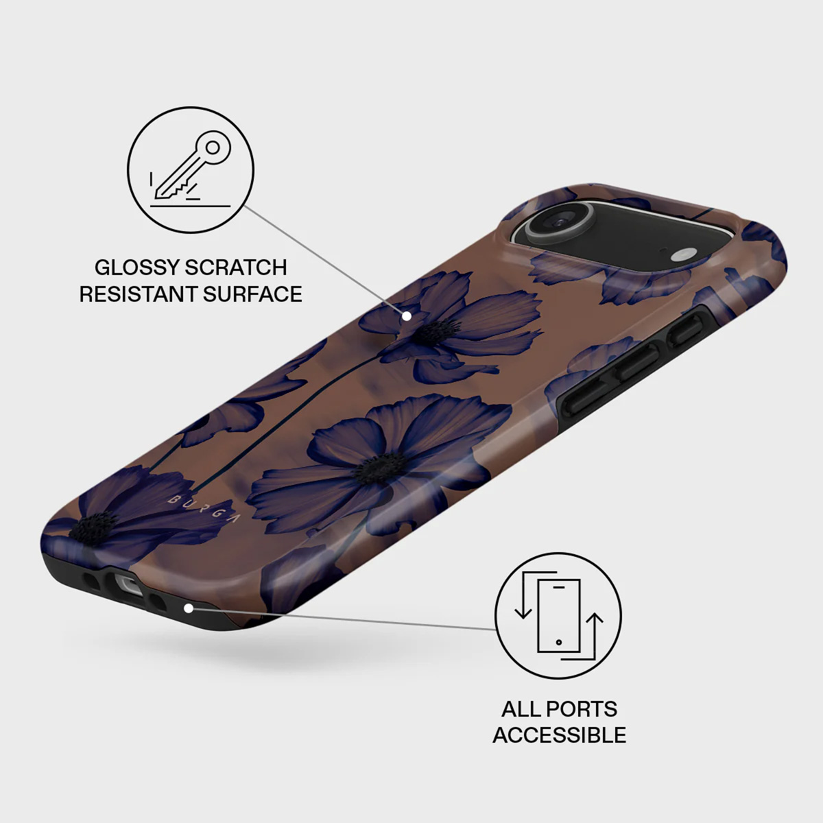 Een telefoonhoesje met een bloemmotief van blauwe bloemen op een bruine achtergrond, met pictogrammen en tekst die functies beschrijven.