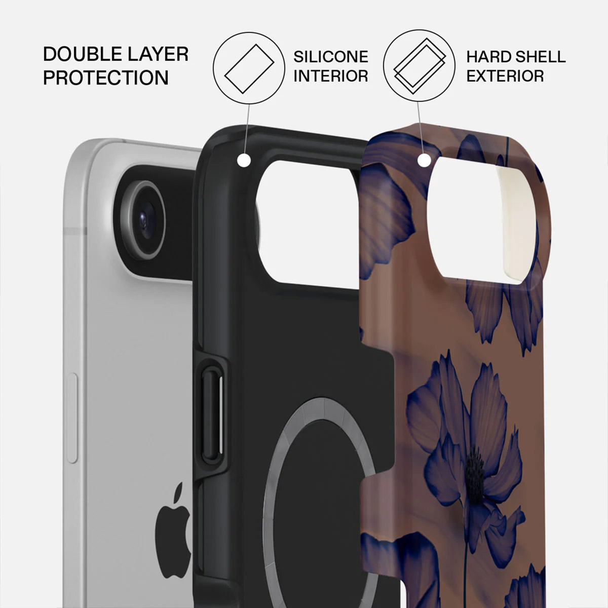 Een telefoonhoesje met dubbele laag bescherming. Het heeft een siliconen binnenkant en een harde buitenkant. De buitenkant is versierd met blauwe bloemen.