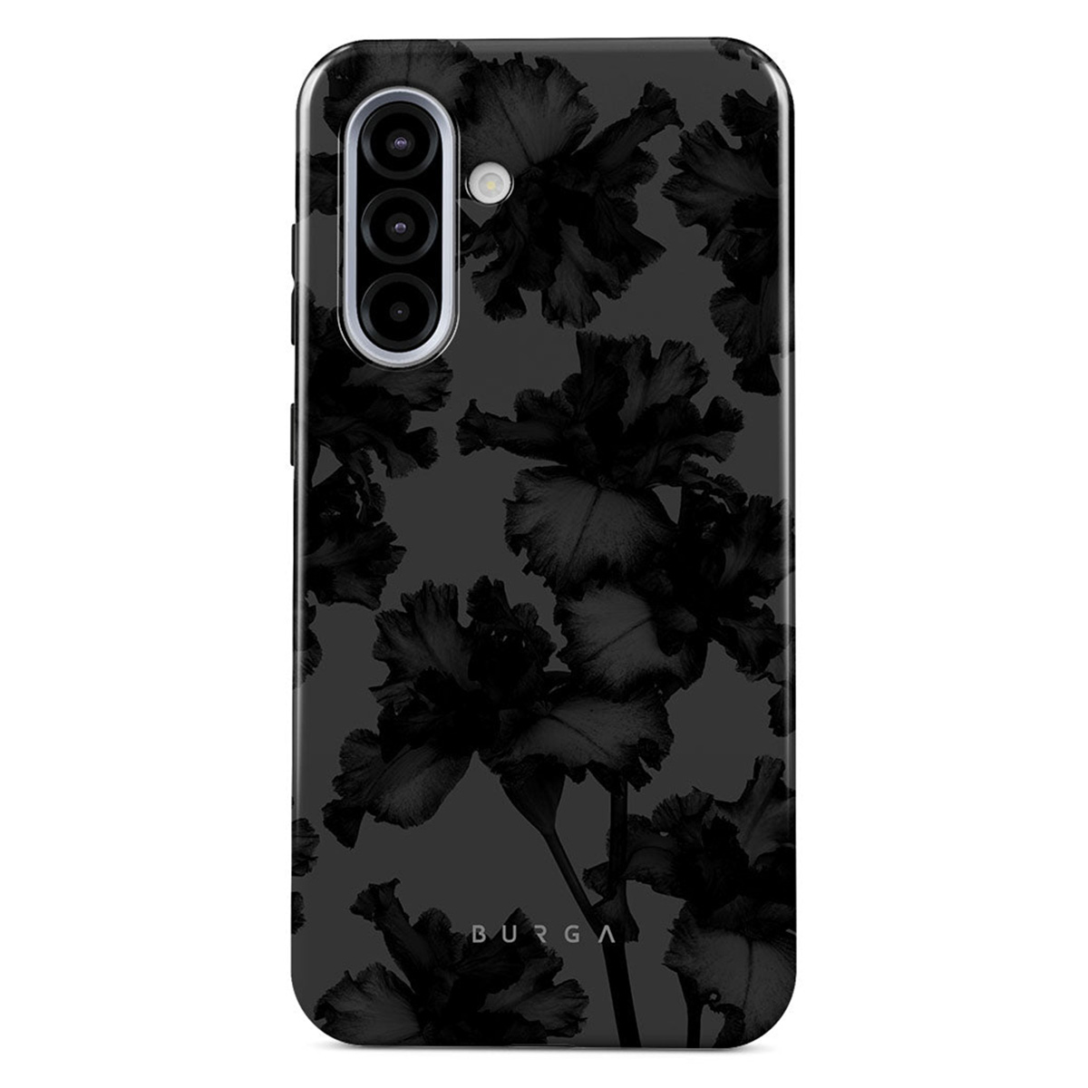 Zwarte telefoonhoes met bloemenpatroon. Bloemen zijn donker op een grijze achtergrond. De merknaam BURGA is zichtbaar.
