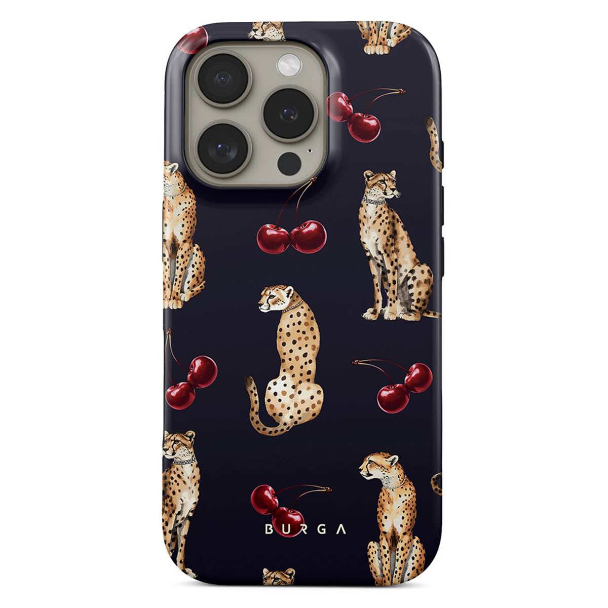 Une coque de téléphone avec un fond bleu foncé représentant des guépards et des cerises. Les guépards sont dans diverses poses, et les cerises sont dispersées.