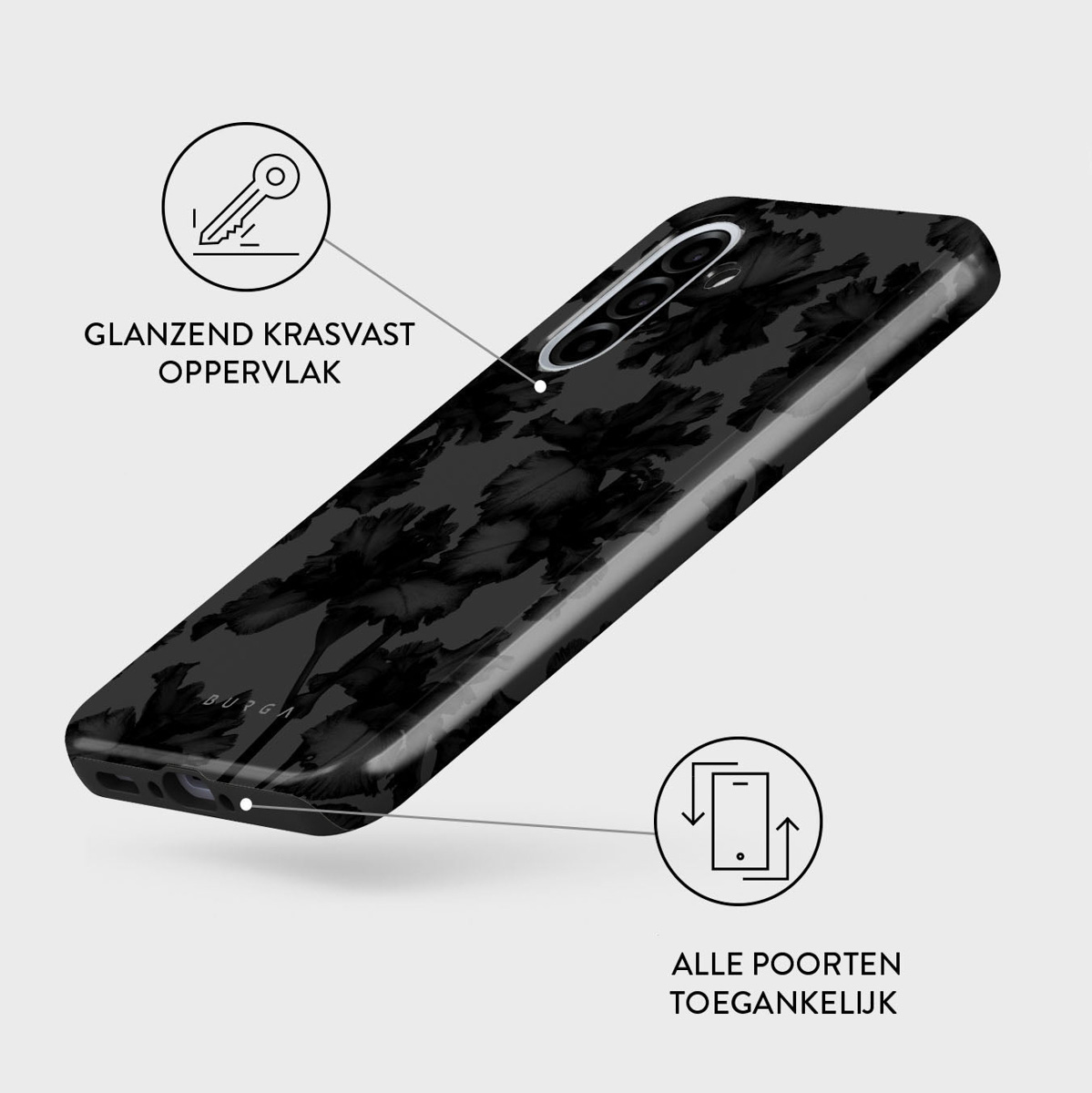 Een zwarte telefoonhoes met een bloemenpatroon wordt schuin weergegeven. Het heeft een glanzend oppervlak. De achtergrond is effen wit.