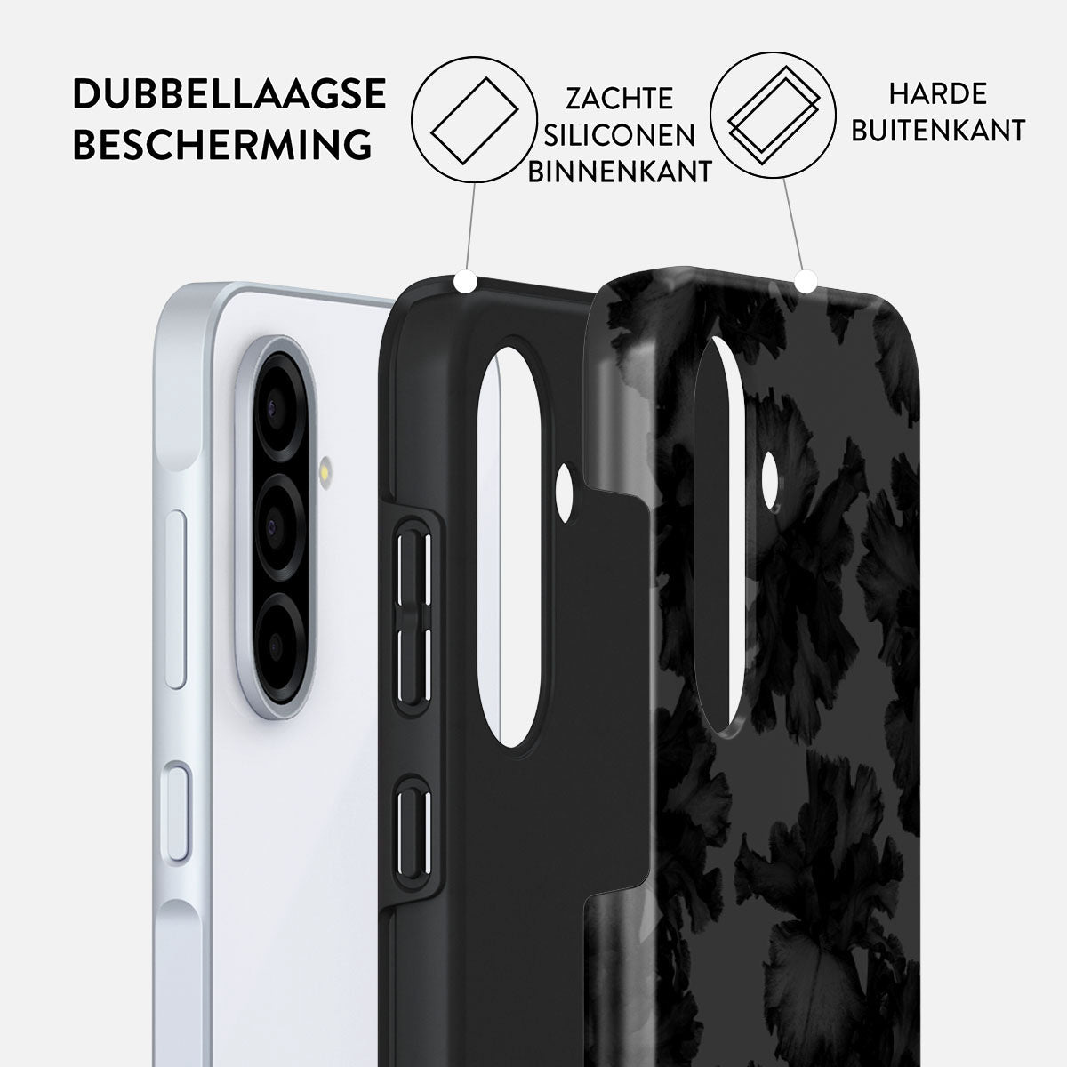 Een telefoonhoesje toont een gelaagd concept. Het heeft een witte telefoon en een zwarte hoes met een bloemenpatroon op de achterkant.