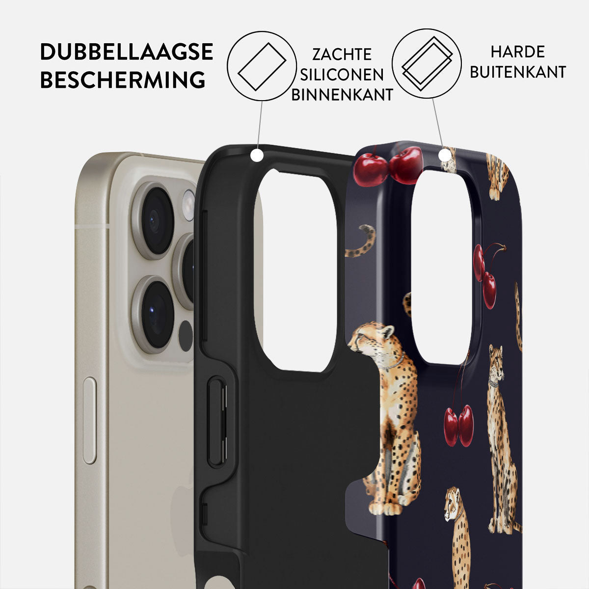 Coque de téléphone à imprimé guépard et cerises. Protection double couche: silicone souple à l'intérieur et coque dure à l'extérieur.
