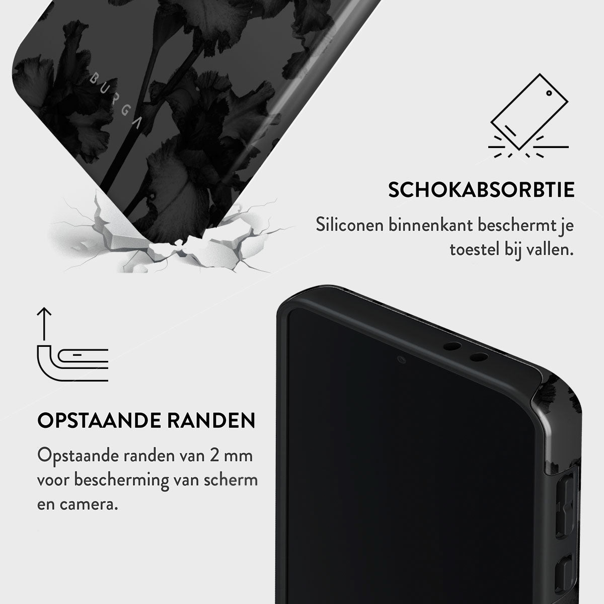 Een telefoonhoesje met een bloemenontwerp wordt getoond. De tekst benadrukt schokabsorptie en verhoogde randen voor scherm- en camerabescherming.