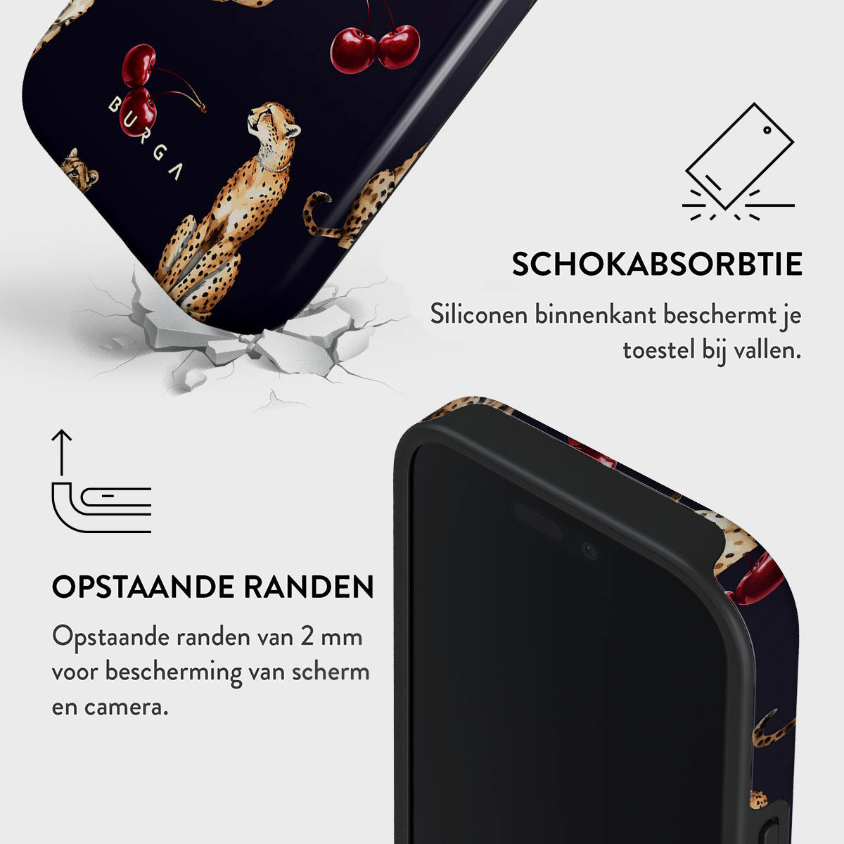 Une coque de téléphone avec un imprimé léopard et des cerises, texte SCHOKABSORBTIE et OPSTAANDE RANDEN, avec un téléphone à droite.