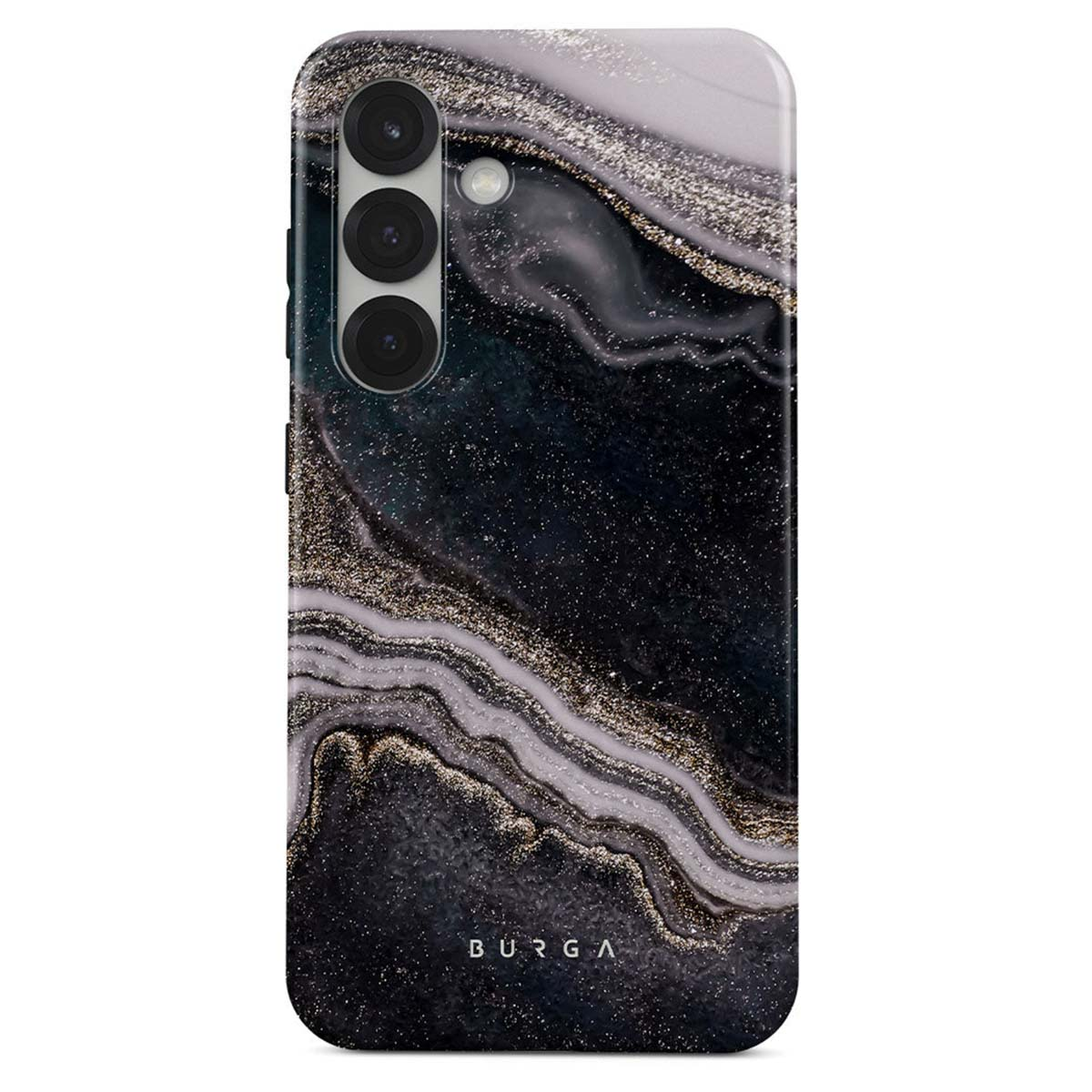 Coque de téléphone avec un motif marbré. Elle présente des tourbillons noirs, blancs et dorés. L'appareil photo et la marque BURGA sont visibles.