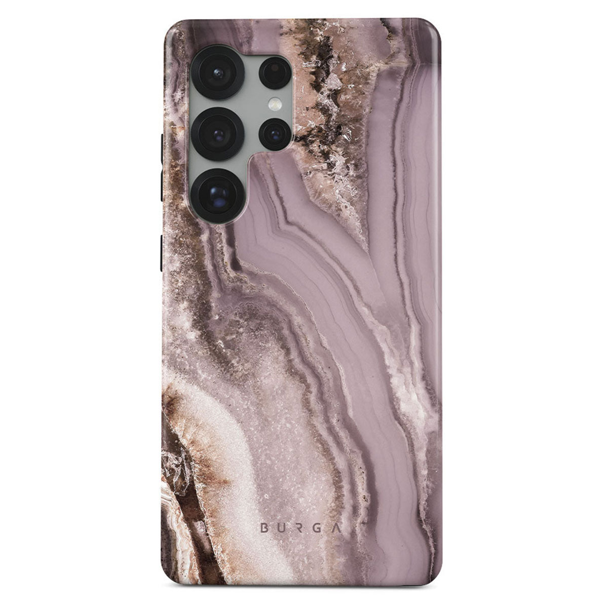 Coque de téléphone avec un motif semblable au marbre. La coque présente un motif tourbillonnant violet et marron. Les lentilles de la caméra sont visibles en haut.