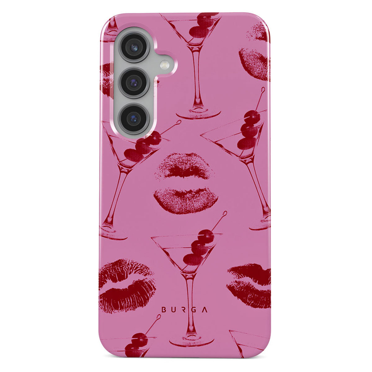 Roze telefoonhoesje met rode martiniglazen, kersen en lipafdrukken. De merknaam BURGA is zichtbaar.