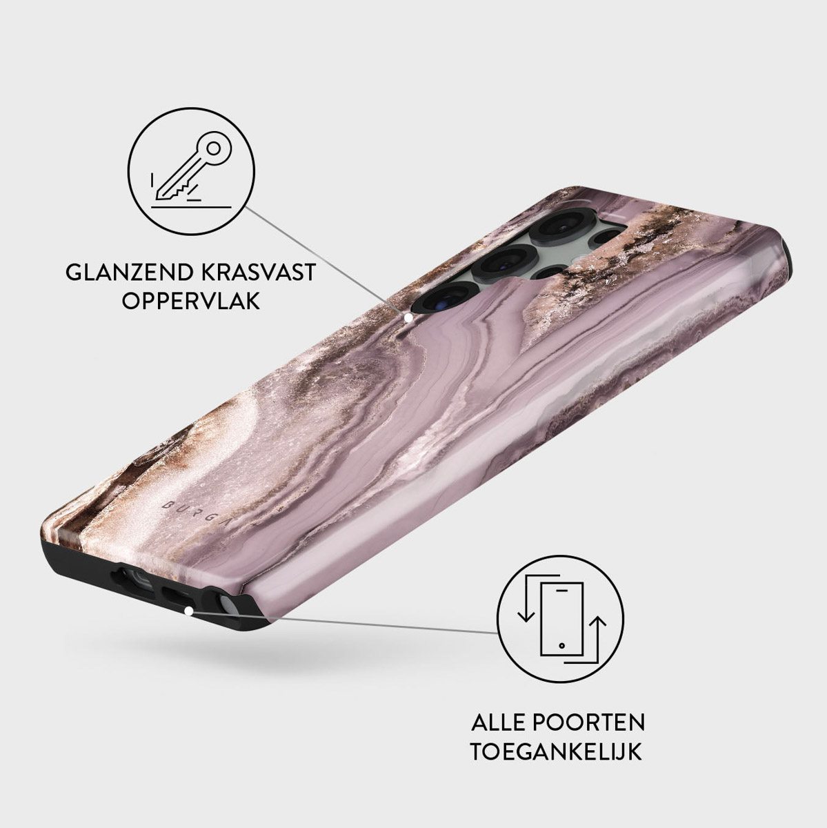 Une coque de téléphone avec un design marbré, bord noir, en angle. Texte en néerlandais : surface brillante résistante aux rayures et tous les ports accessibles.