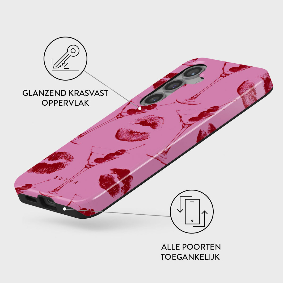 Roze telefoonhoesje met rode lippen, martiniglazen en kersen. Zwarte rand, witte achtergrond. Tekst: Glanzend, krasvast oppervlak.