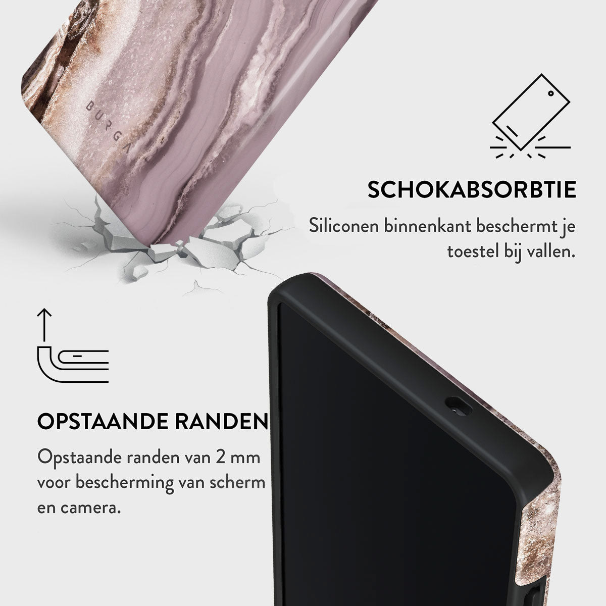 Coque de téléphone avec un motif marbré, sur fond blanc. Le texte met en évidence l'absorption des chocs et les bords surélevés.