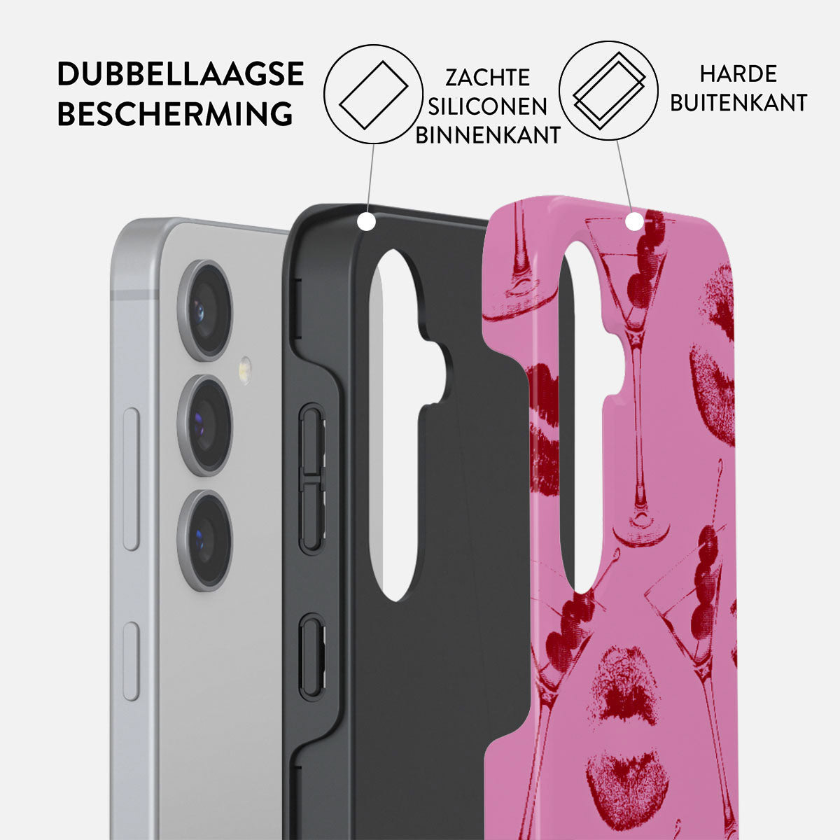 Telefoonhoes met lagen. Zilveren telefoon, zwart frame en roze hoes met martiniglazen. Tekst geeft bescherming aan.