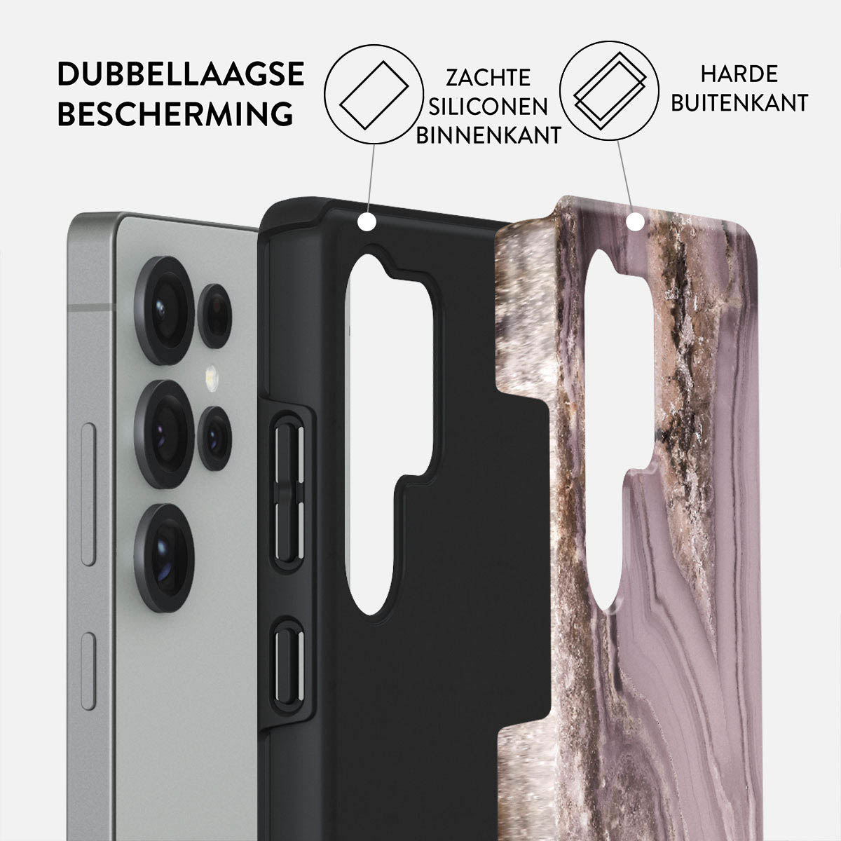 Coupe transversale d'une coque de téléphone montrant les couches : intérieur en silicone souple et extérieur dur. Texte 'protection double couche'.